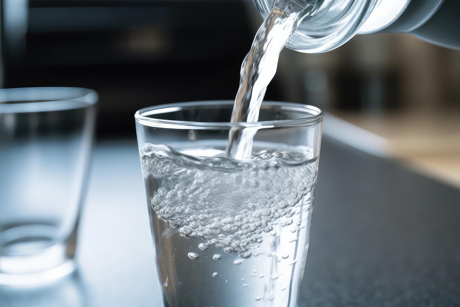 Wasser wird aus einer Glasflasche in ein Trinkglas gegossen