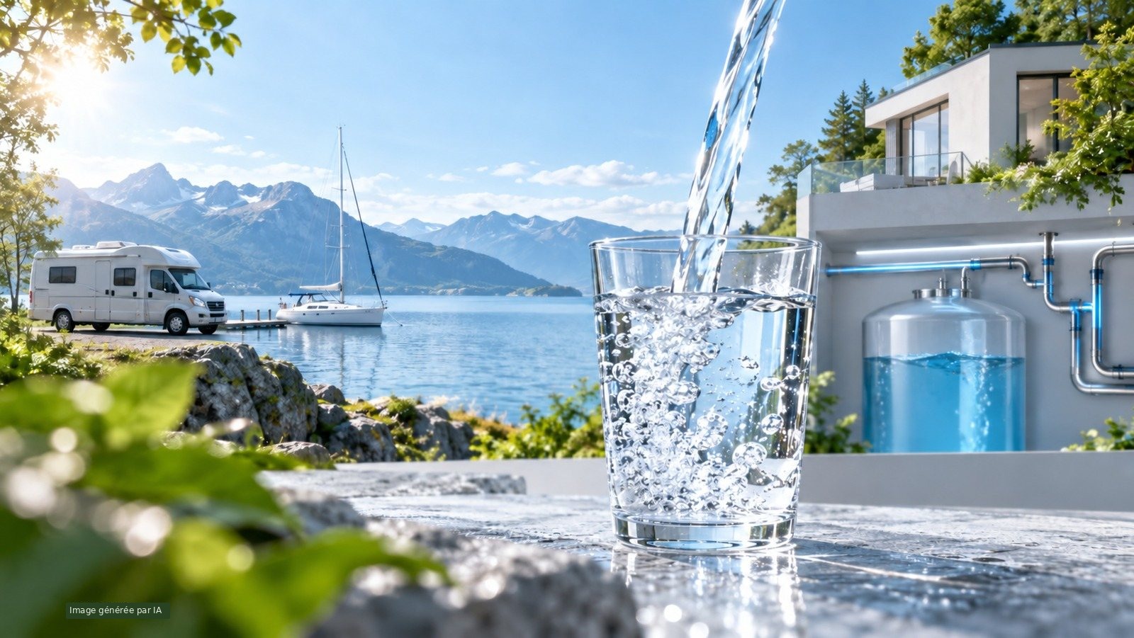 Verre dans lequel de l’eau est versée, devant un lac, un camping-car, un voilier et une installation d’eau